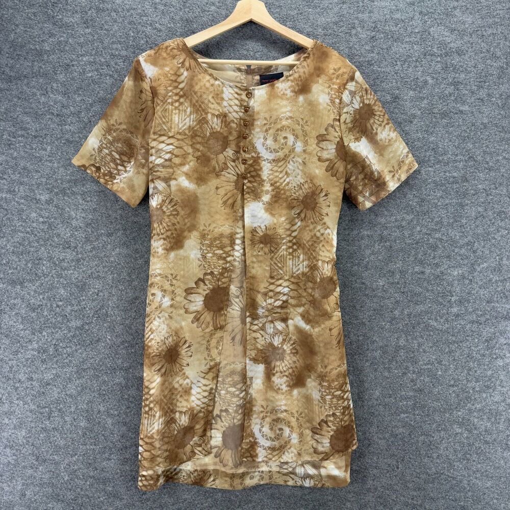 New York Extremes Dress Women 16 Brown Floral Shift Short Zipper Short Sleeve